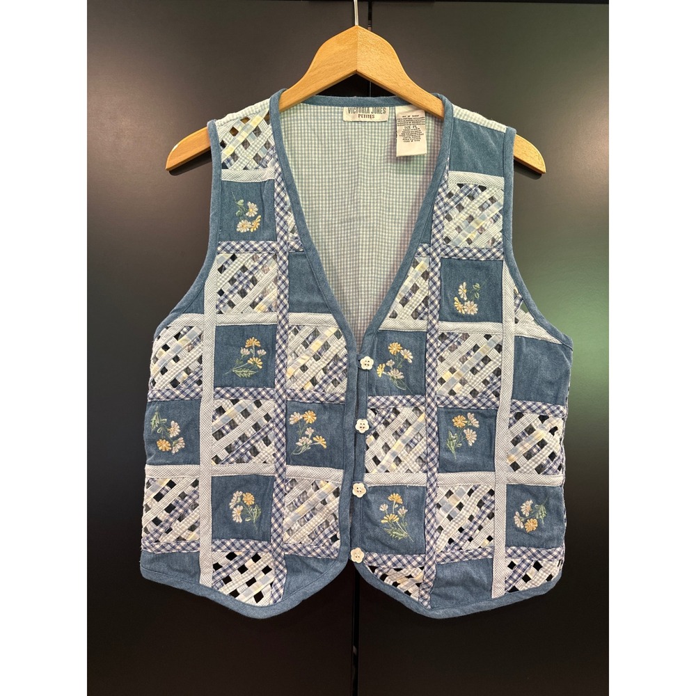 Vintage Victoria Jones Petites Blue Patchwork Embroidered Gingham Vest Large Y2K